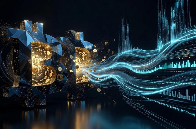 Abstract visualization of Bitcoin whale wallets accumulating BTC against institutional ETF outflow streams, dark obsidian background with electric cyan accents