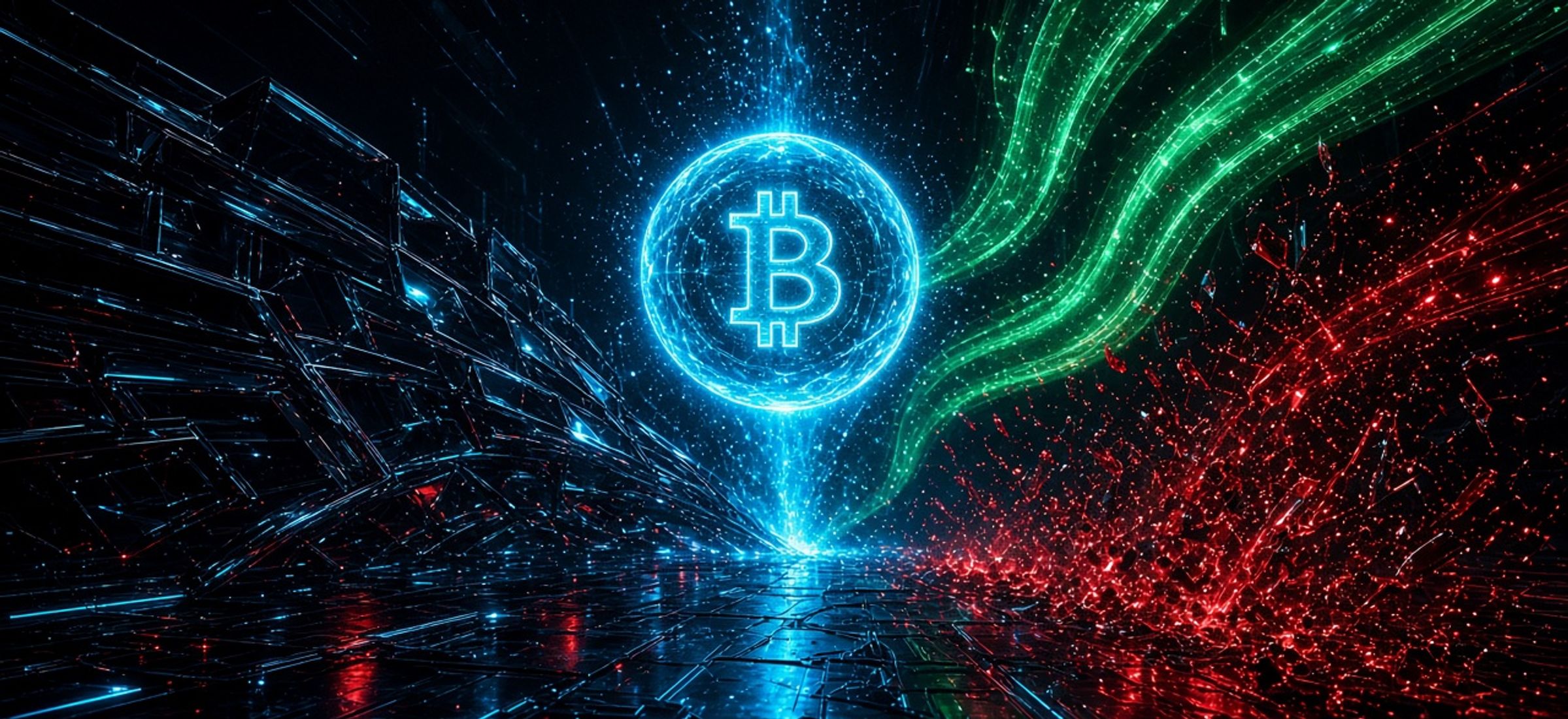 Dark Terminal Luxe illustration of a cyan bitcoin surge with green ETF inflow ribbons and red short-liquidation sparks