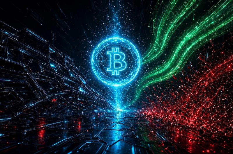 Dark Terminal Luxe illustration of a cyan bitcoin surge with green ETF inflow ribbons and red short-liquidation sparks