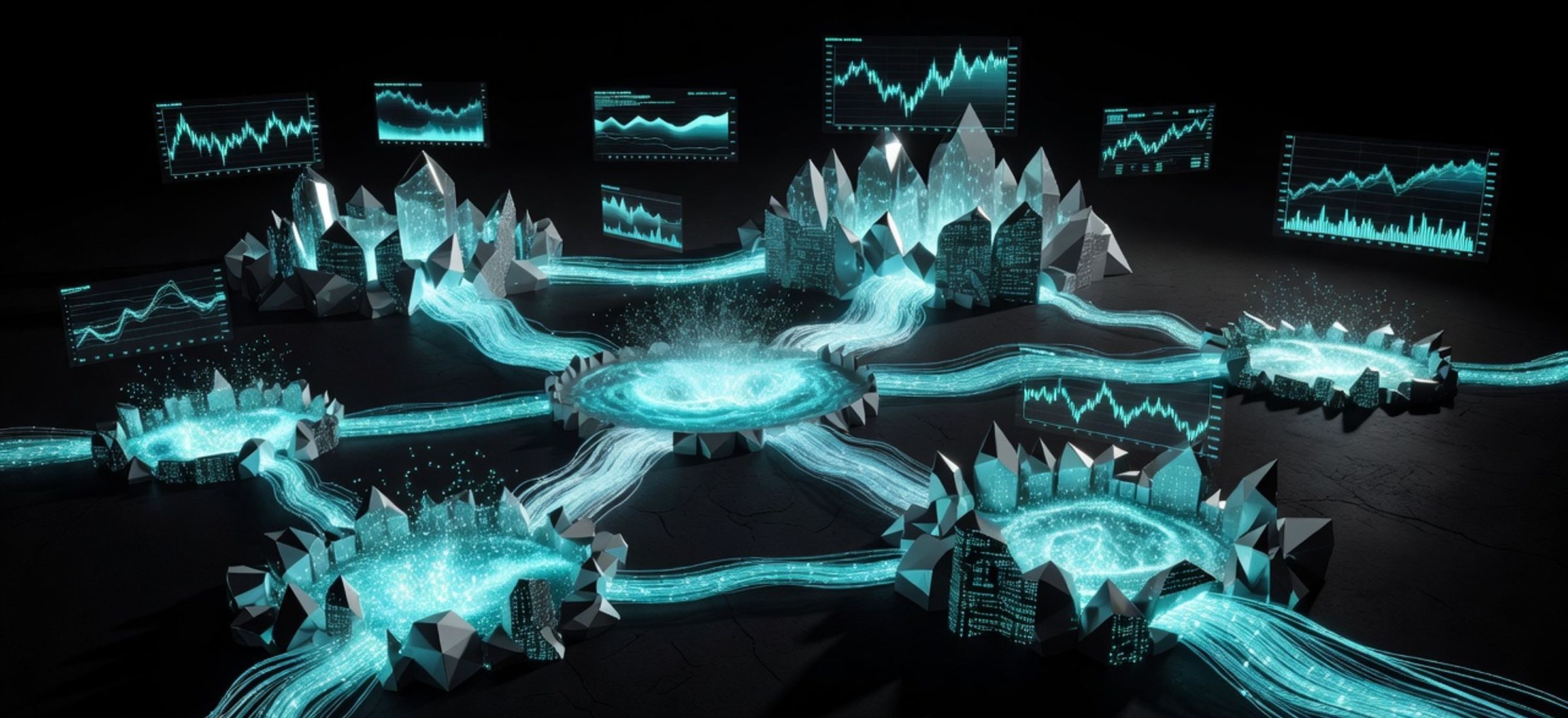 Glowing cyan decentralized exchange data streams and trading hubs on dark obsidian background