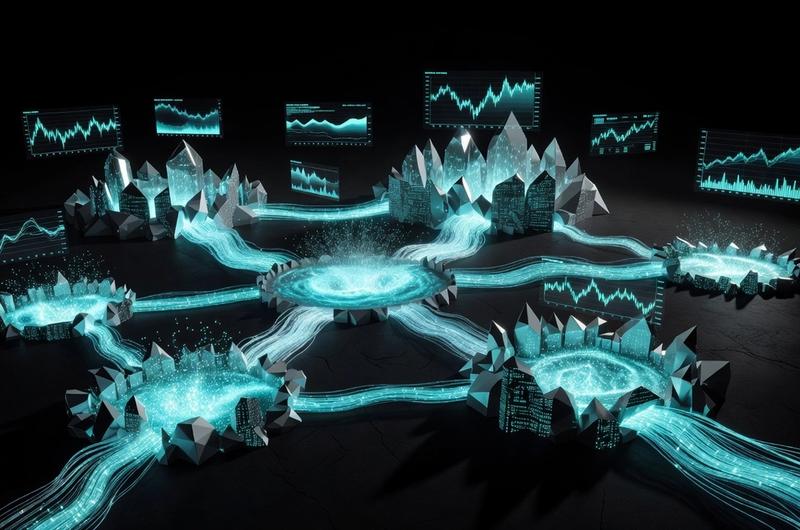 Glowing cyan decentralized exchange data streams and trading hubs on dark obsidian background