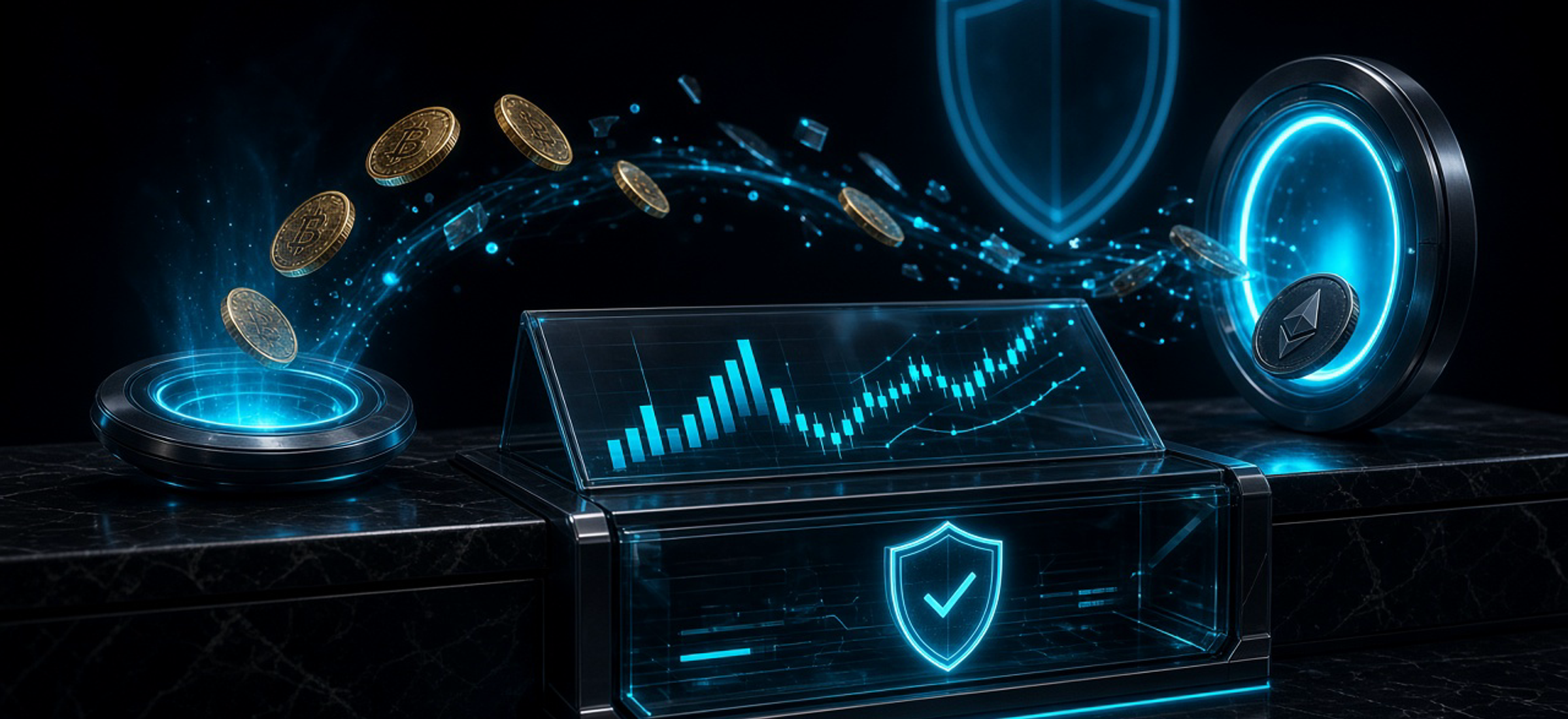 Gold coins flowing between two glowing cyan platforms over a secure exchange terminal with a price chart and shield icons on a dark background