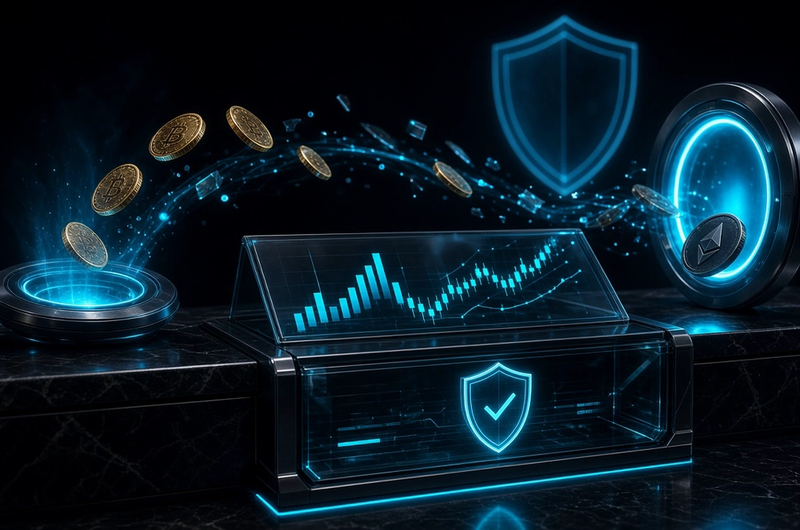 Gold coins flowing between two glowing cyan platforms over a secure exchange terminal with a price chart and shield icons on a dark background