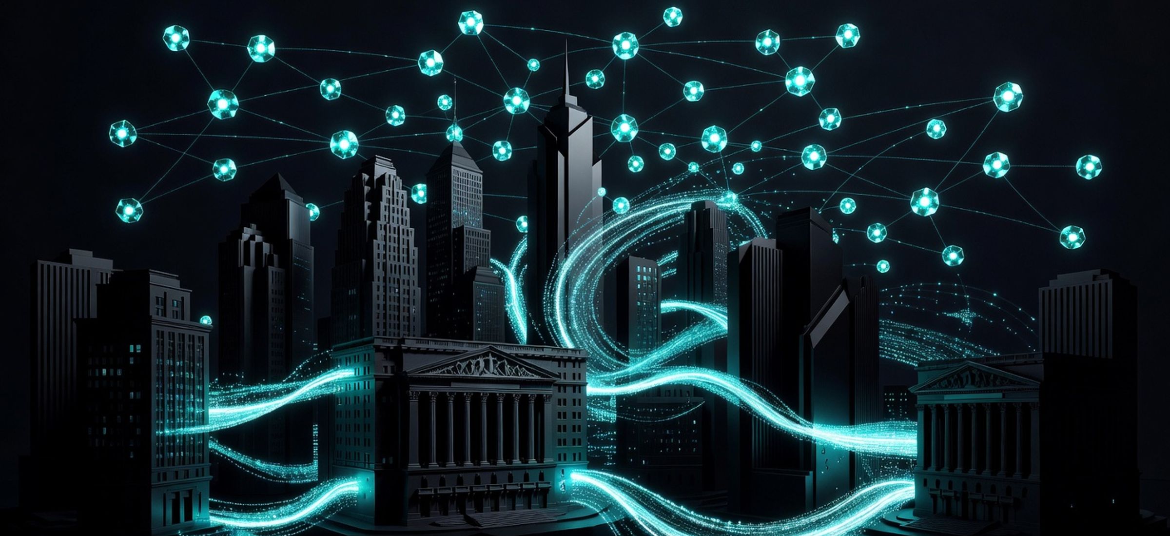Wall Street financial district as a blockchain node network with electric cyan data streams and obsidian dark background