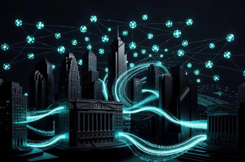 Wall Street financial district as a blockchain node network with electric cyan data streams and obsidian dark background