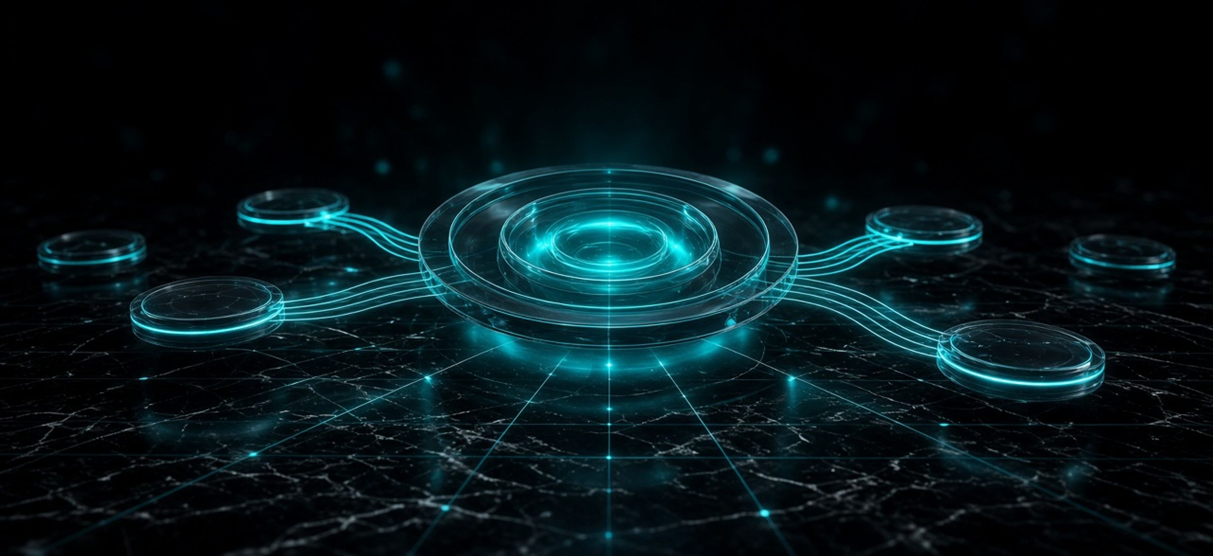 glowing cyan glass clearinghouse hub connected by light lines to coin-like nodes on polished obsidian