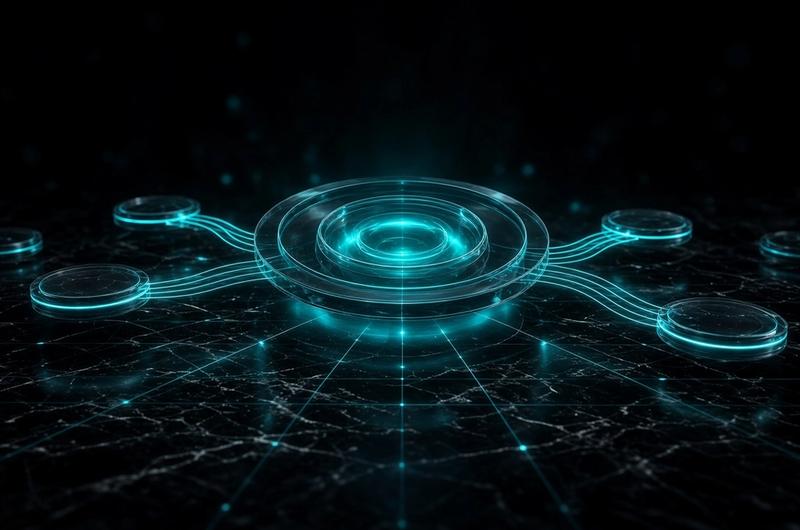glowing cyan glass clearinghouse hub connected by light lines to coin-like nodes on polished obsidian