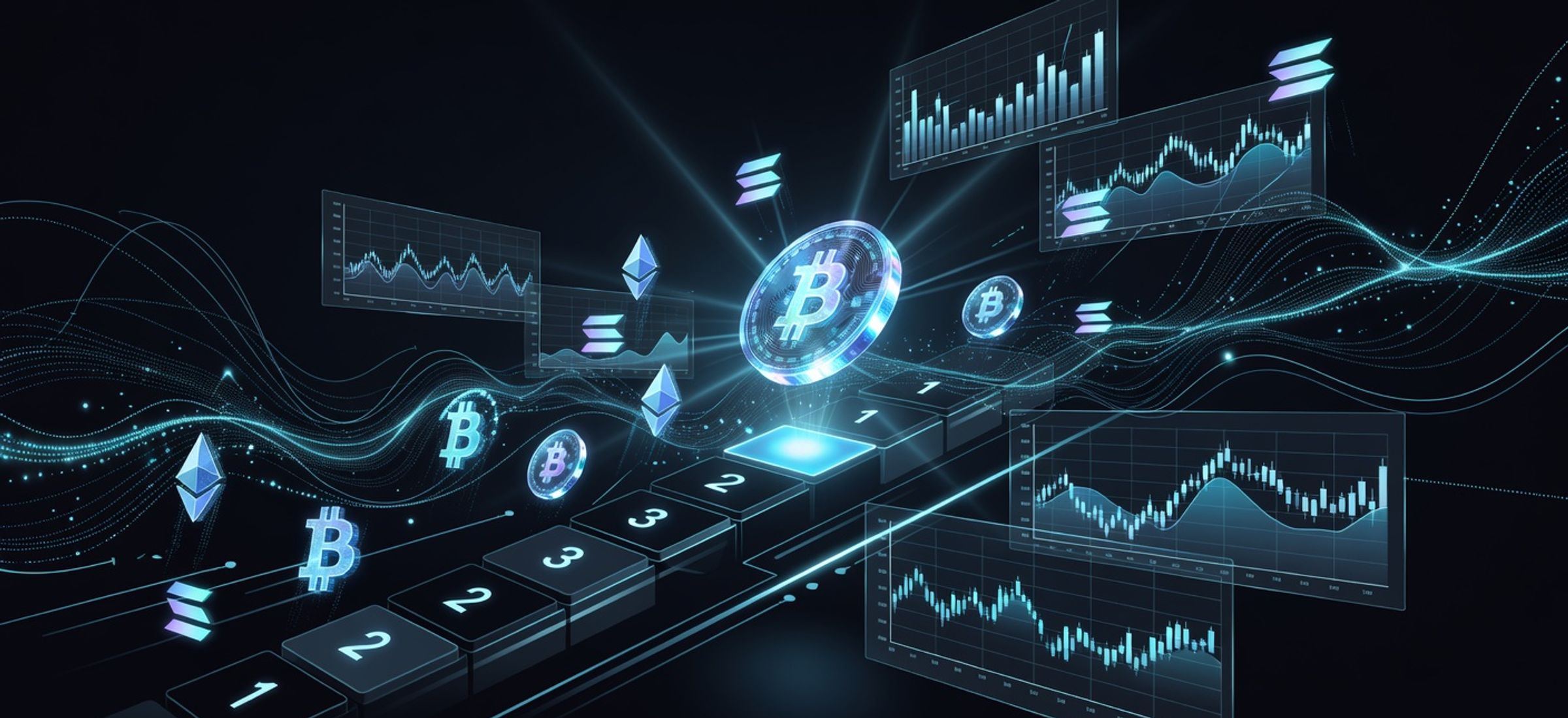 A glowing DeFi token rising into the top 10 cryptocurrency rankings with on-chain trading charts and cyan accents