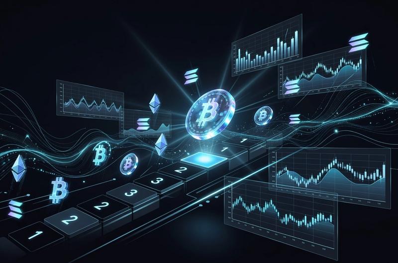 A glowing DeFi token rising into the top 10 cryptocurrency rankings with on-chain trading charts and cyan accents