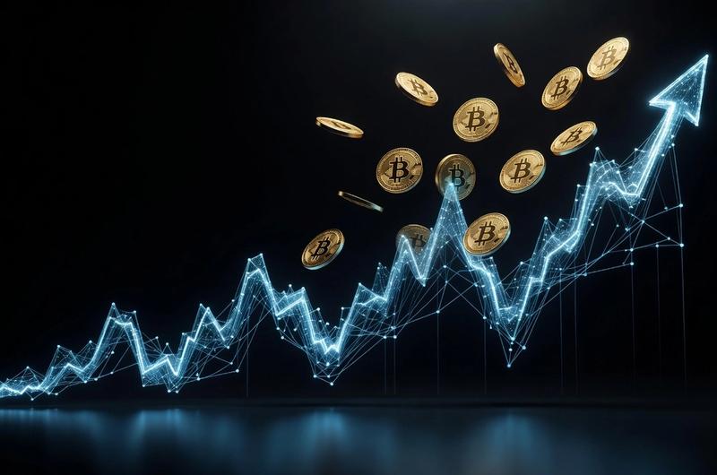 Bitcoin coins floating above a rising Treasury yield curve, symbolizing the tension between hard money and rising risk-free rates