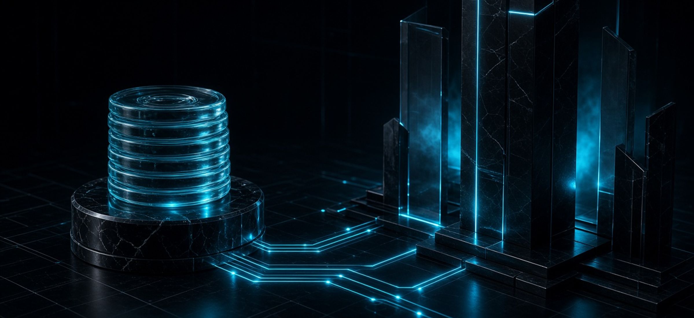 glass stablecoin discs on an obsidian vault linked by cyan circuit lines to an institutional pillar