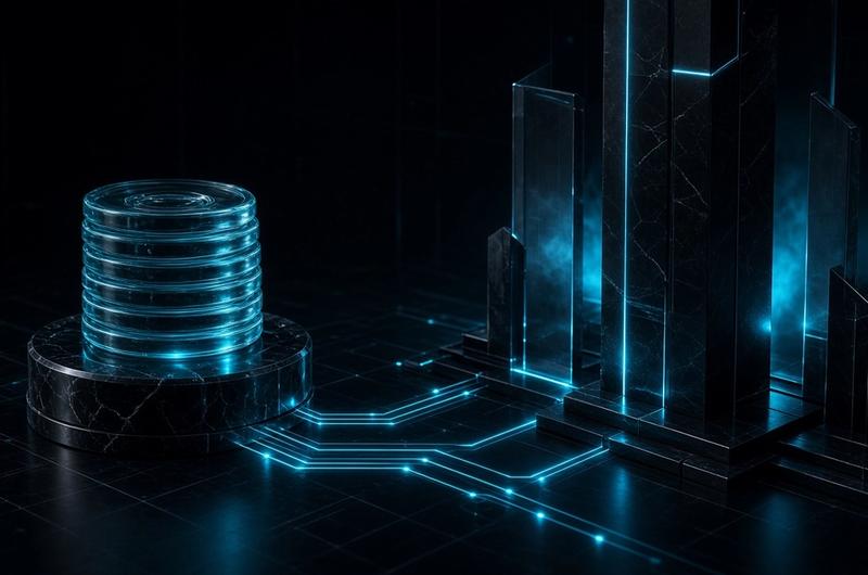 glass stablecoin discs on an obsidian vault linked by cyan circuit lines to an institutional pillar