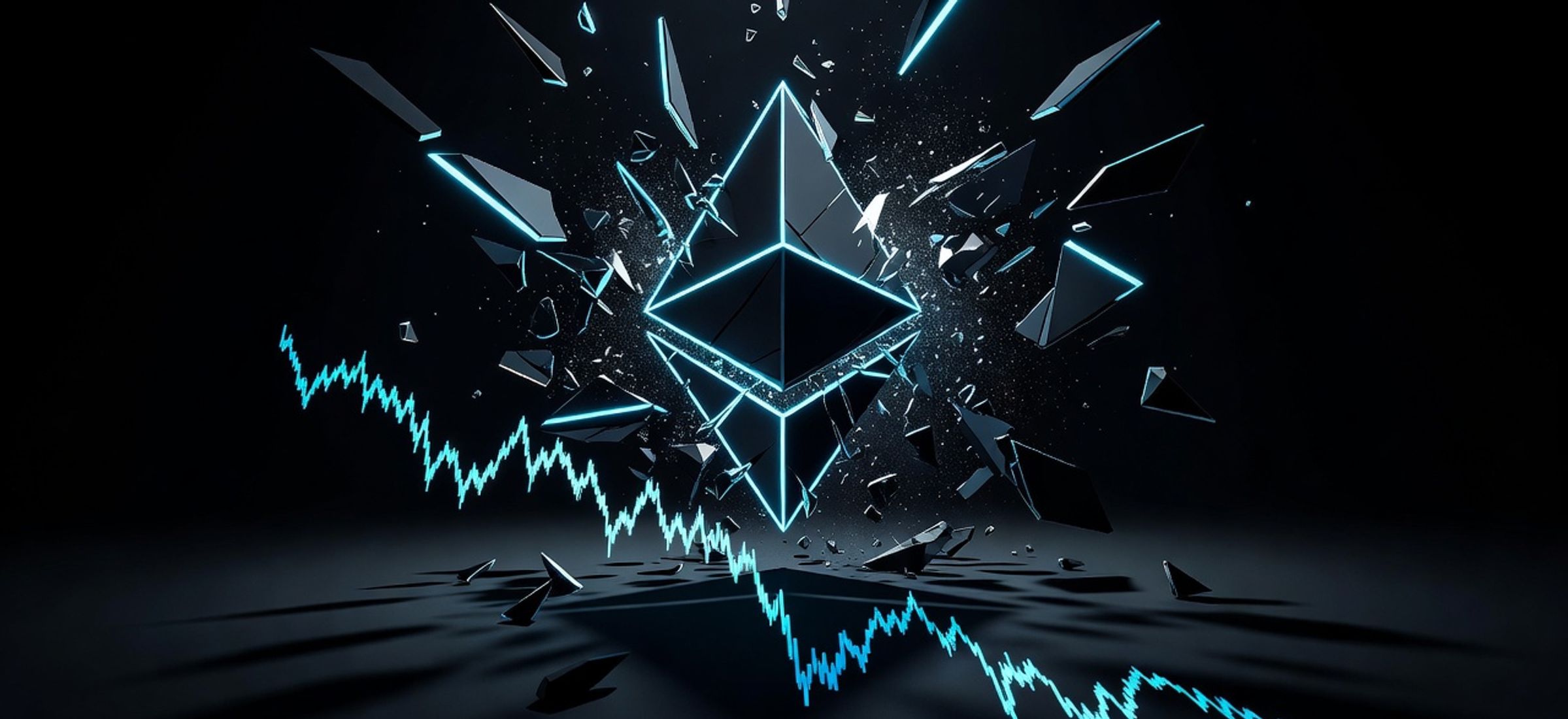 Fractured Ethereum logo with cyan accents and downward price chart on dark background
