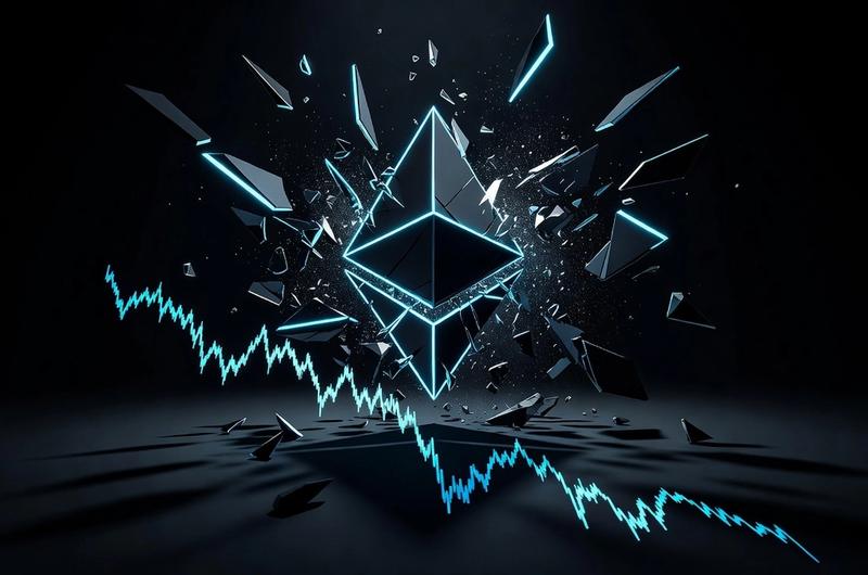 Fractured Ethereum logo with cyan accents and downward price chart on dark background