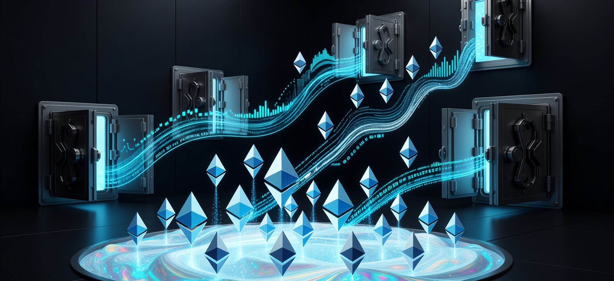 Abstract illustration of Ethereum staking pools with institutional vault doors opening and glowing data streams
