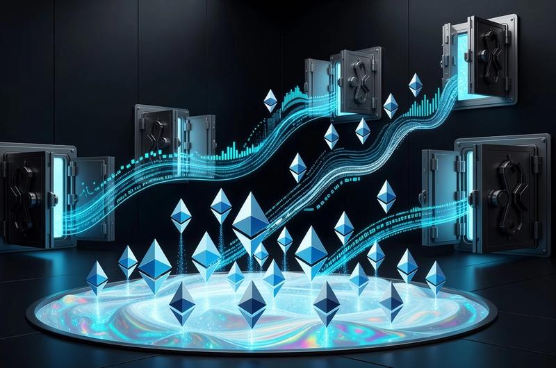 Abstract illustration of Ethereum staking pools with institutional vault doors opening and glowing data streams