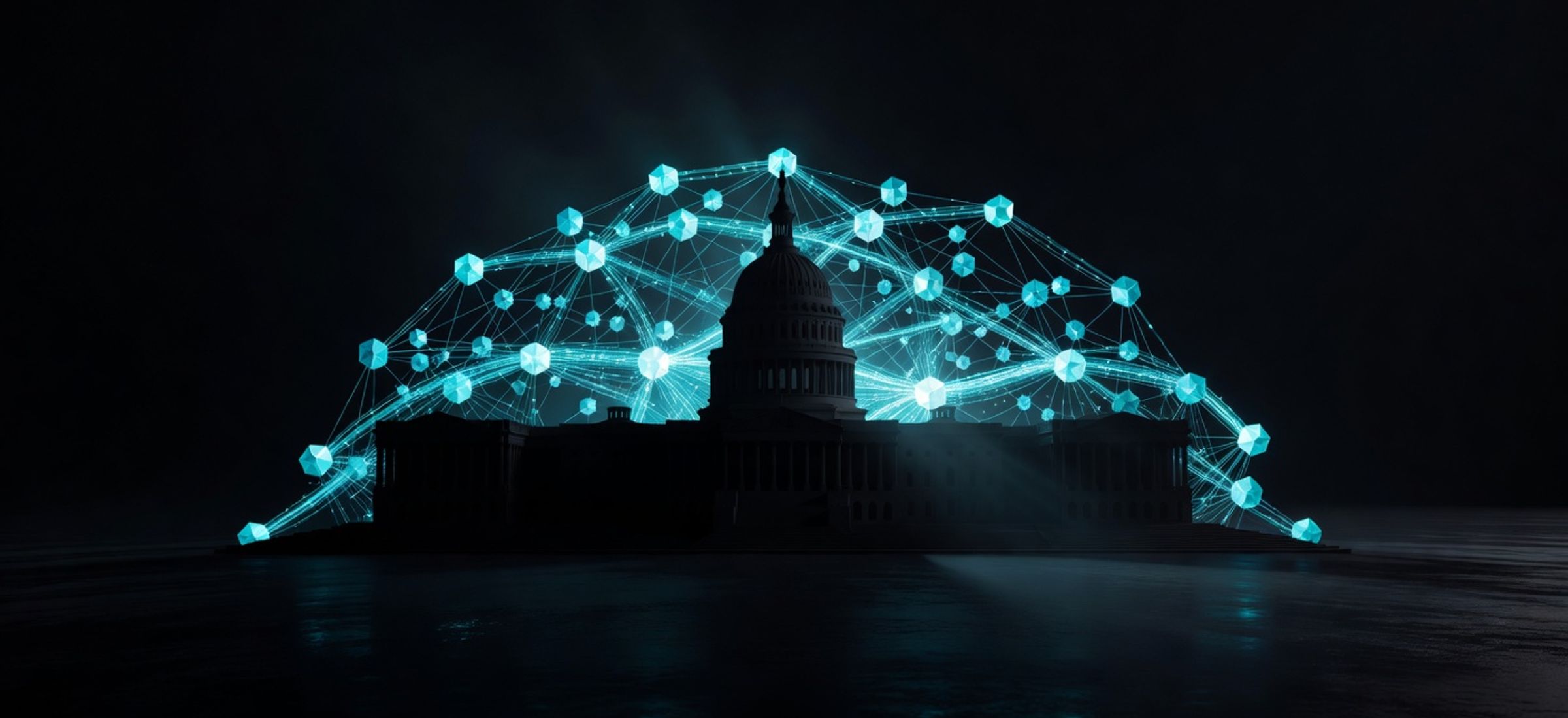 Abstract illustration of U.S. Capitol silhouette behind crypto blockchain nodes with electric cyan data streams, representing CLARITY Act crypto regulation
