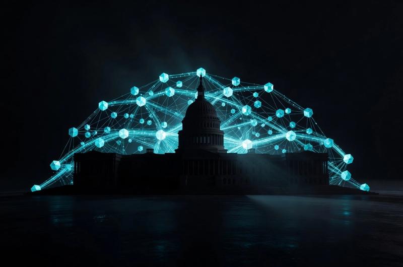 Abstract illustration of U.S. Capitol silhouette behind crypto blockchain nodes with electric cyan data streams, representing CLARITY Act crypto regulation