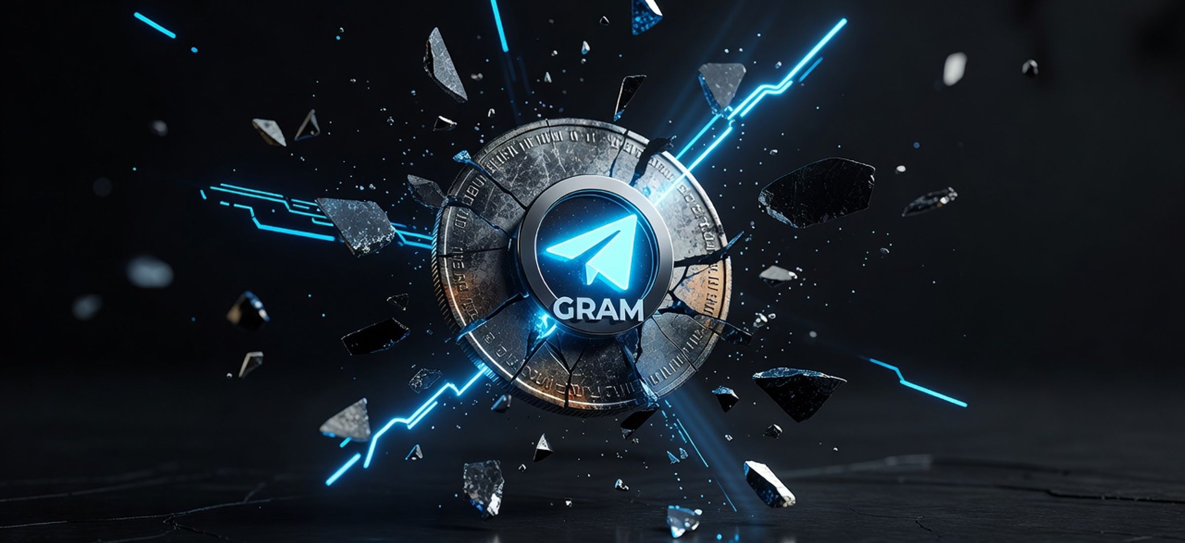 A radiant GRAM cryptocurrency token rising from the fragments of a cracked old coin on an obsidian surface with electric cyan neon glow