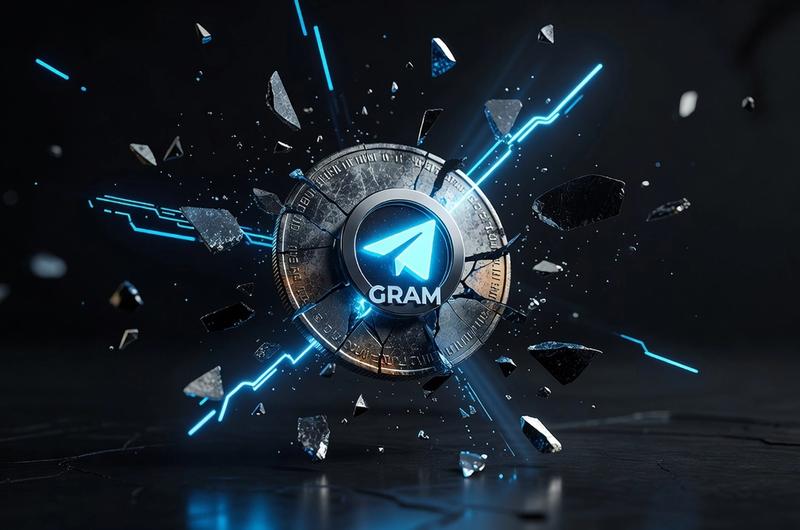 A radiant GRAM cryptocurrency token rising from the fragments of a cracked old coin on an obsidian surface with electric cyan neon glow