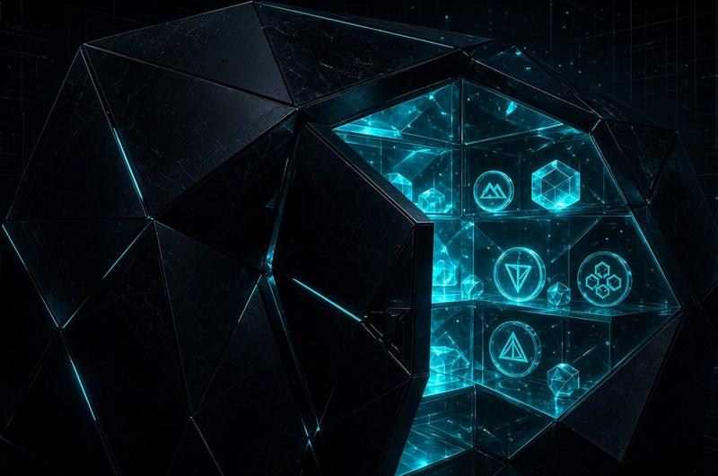 Dark vault with cyan accents symbolizing institutional crypto custody
