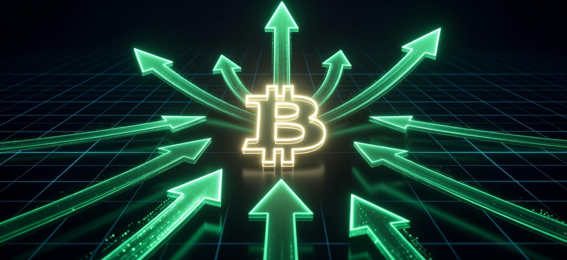 Institutional capital flows returning to Bitcoin ETFs with green upward arrows and electric cyan neon accents