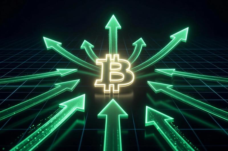 Institutional capital flows returning to Bitcoin ETFs with green upward arrows and electric cyan neon accents