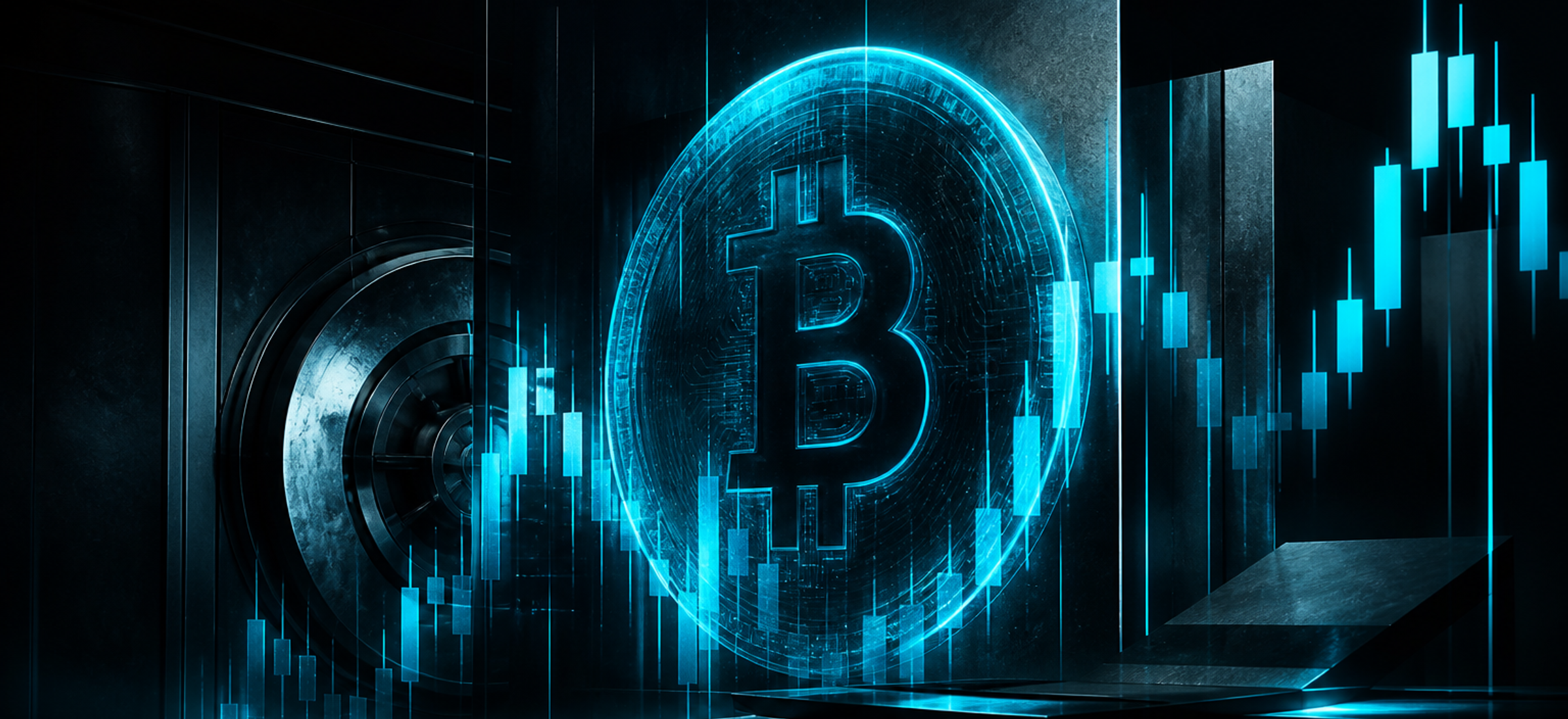 Dark Terminal Luxe illustration of bitcoin and institutional ETF market structure with cyan neon accents
