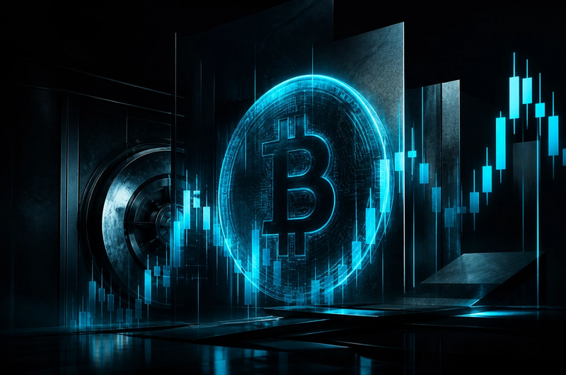 Dark Terminal Luxe illustration of bitcoin and institutional ETF market structure with cyan neon accents