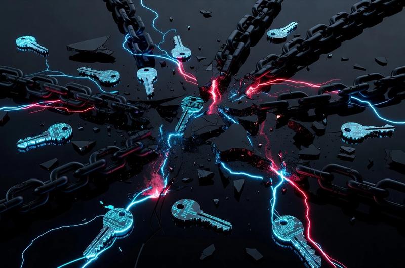 Shattered blockchain links and glowing private keys on an obsidian surface representing the Humanity Protocol security breach