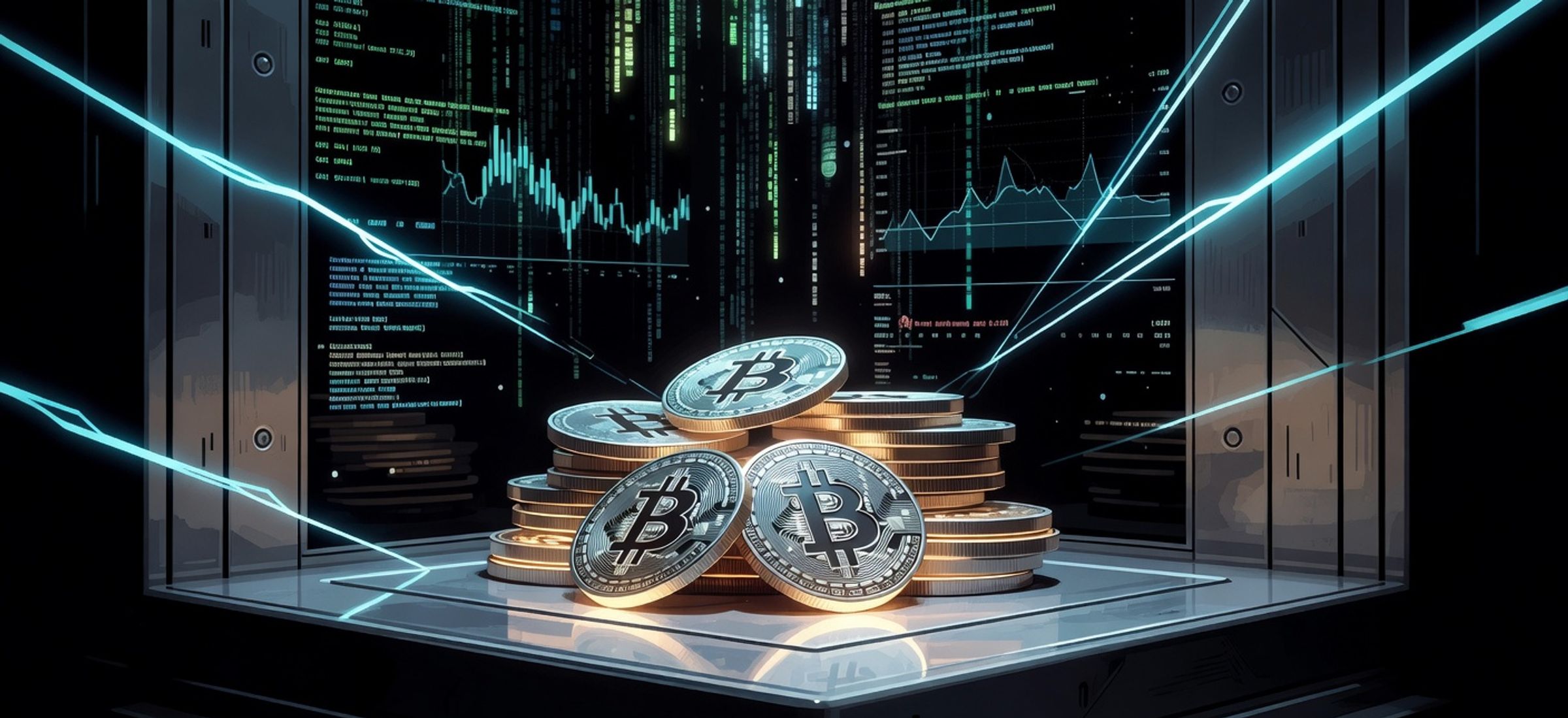 Glowing Bitcoin coins in a corporate vault with electric cyan neon accents on an obsidian background