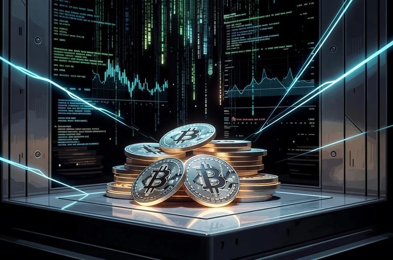 Glowing Bitcoin coins in a corporate vault with electric cyan neon accents on an obsidian background