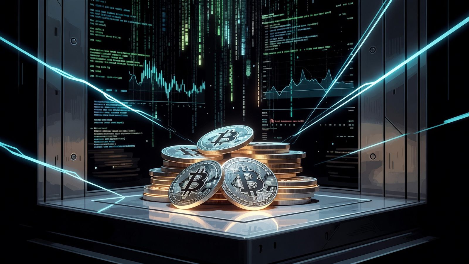 Glowing Bitcoin coins in a corporate vault with electric cyan neon accents on an obsidian background