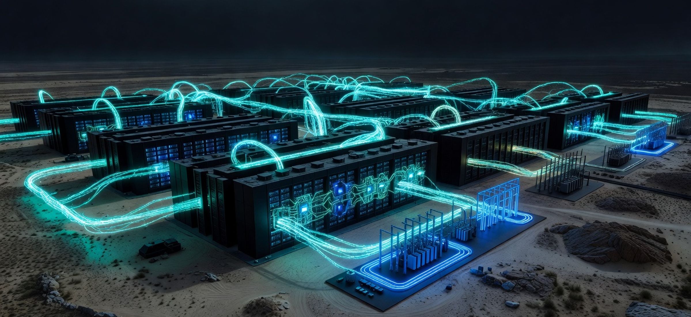 Aerial view of Hut 8's Beacon Point AI data center campus with glowing power infrastructure and NVIDIA GPU architecture