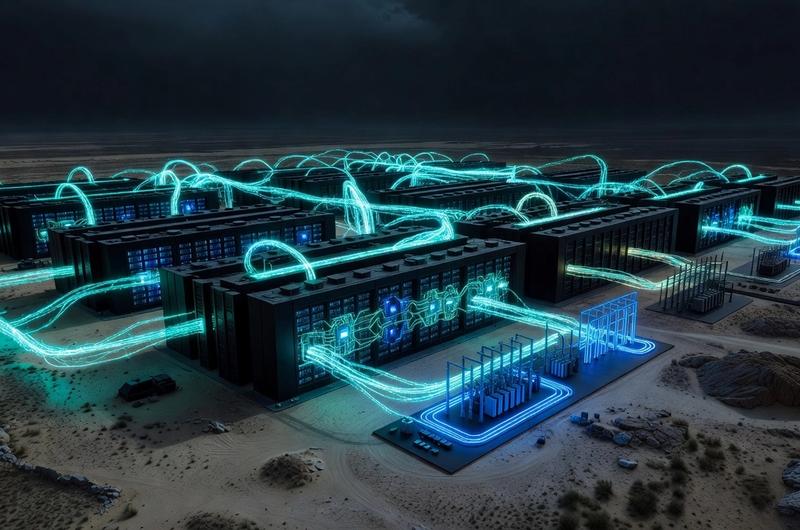 Aerial view of Hut 8's Beacon Point AI data center campus with glowing power infrastructure and NVIDIA GPU architecture
