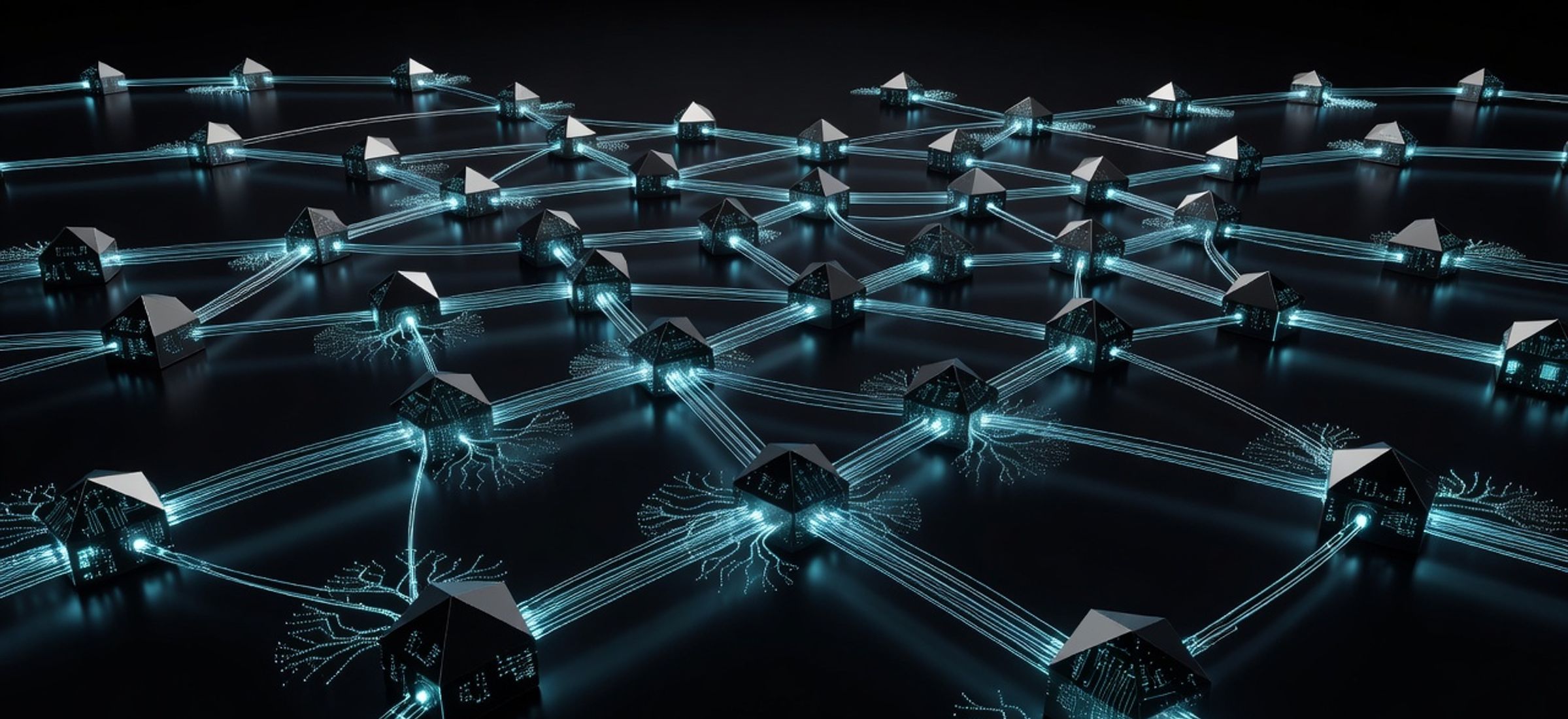 Abstract NEAR Protocol blockchain nodes with glowing cyan AI network patterns on dark background