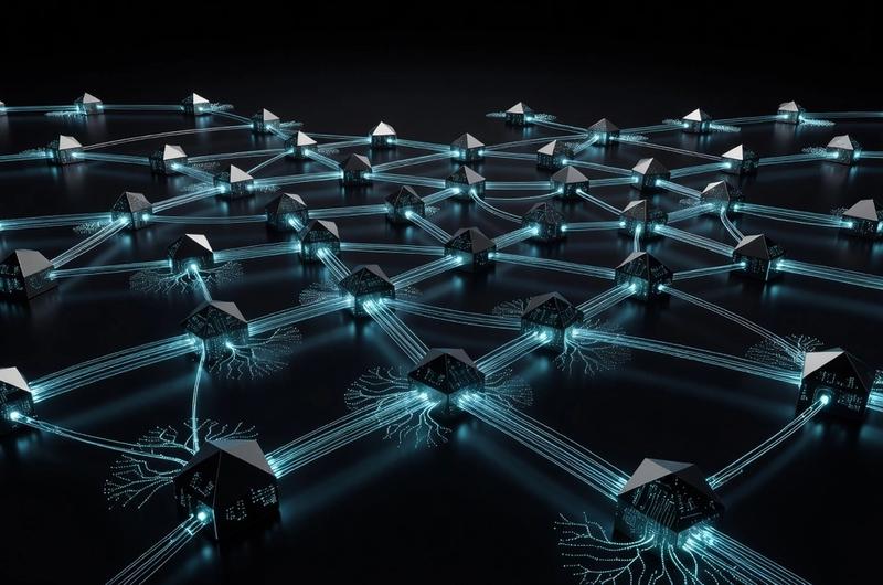 Abstract NEAR Protocol blockchain nodes with glowing cyan AI network patterns on dark background