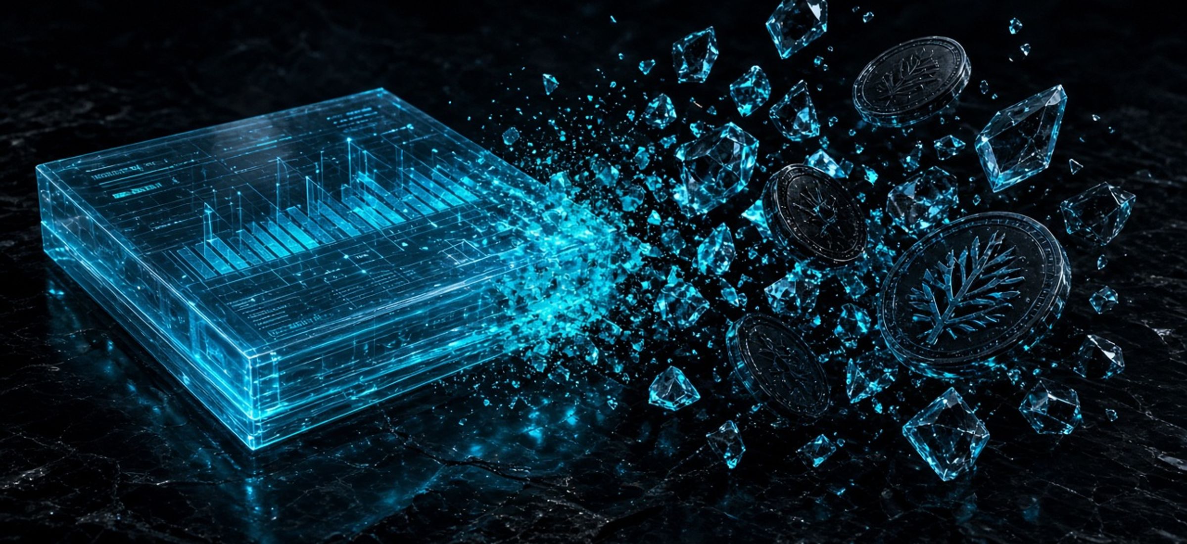 glowing cyan financial ledger shattering into crystalline crypto coins on obsidian