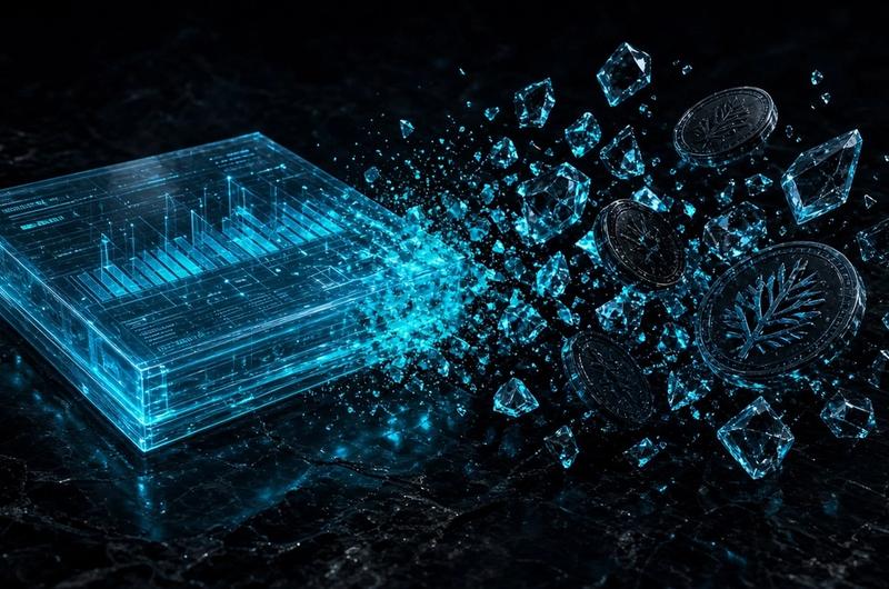 glowing cyan financial ledger shattering into crystalline crypto coins on obsidian