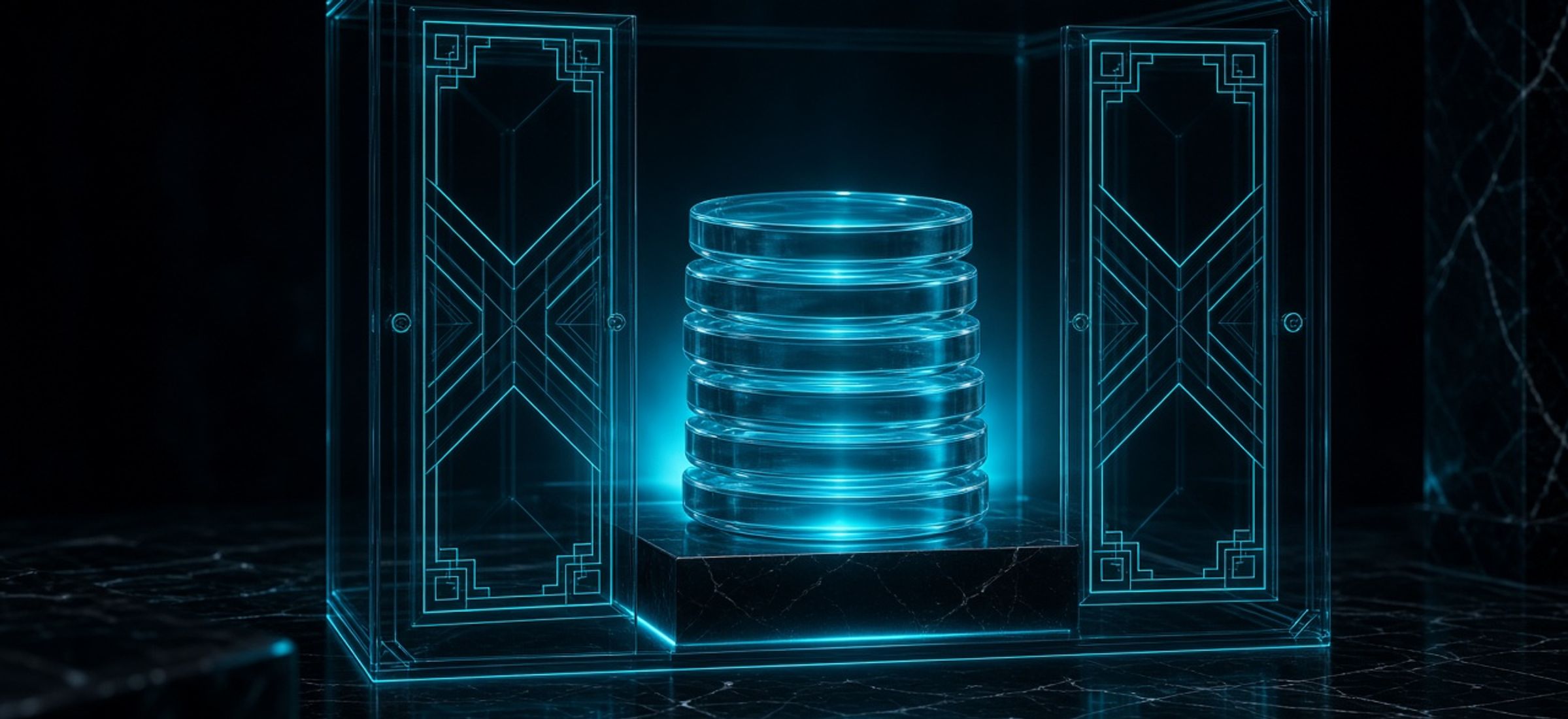 translucent cyan stablecoin discs inside a glowing cyan-framed vault gate on polished obsidian