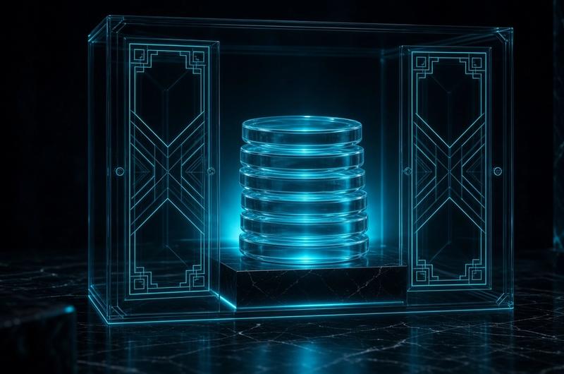 translucent cyan stablecoin discs inside a glowing cyan-framed vault gate on polished obsidian