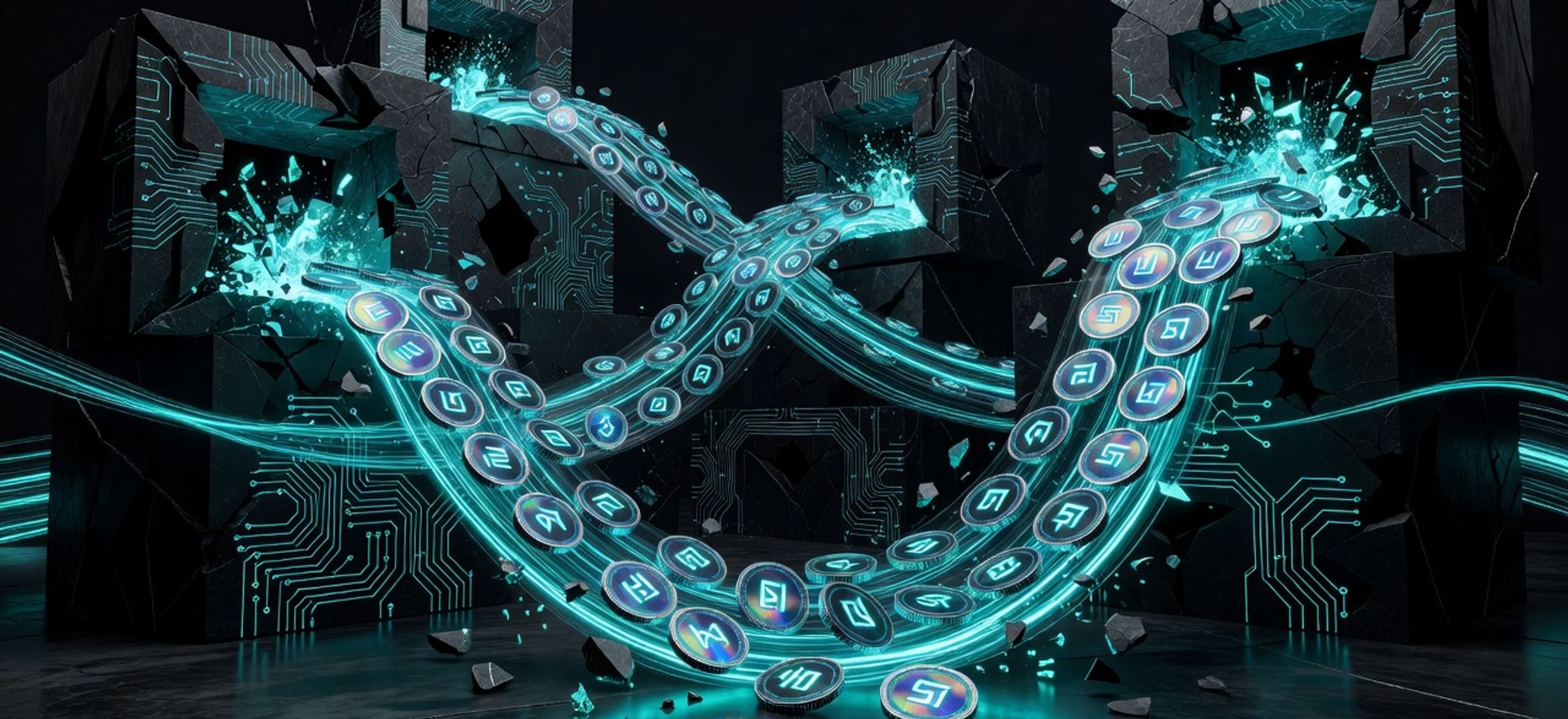 Cascading token unlock waves — glowing digital coins breaking free from vaults against dark obsidian background with electric cyan accents