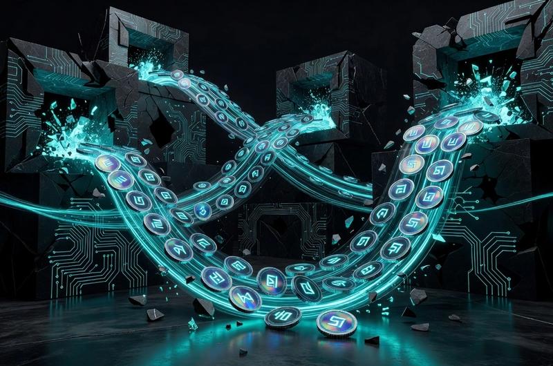 Cascading token unlock waves — glowing digital coins breaking free from vaults against dark obsidian background with electric cyan accents
