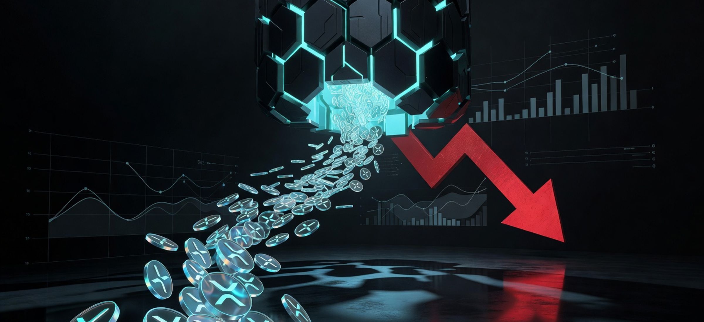 XRP tokens flowing upward against a dark background with electric cyan accents while Bitcoin ETF outflow arrows point downward