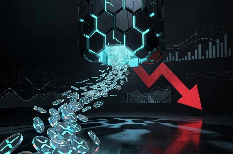 XRP tokens flowing upward against a dark background with electric cyan accents while Bitcoin ETF outflow arrows point downward