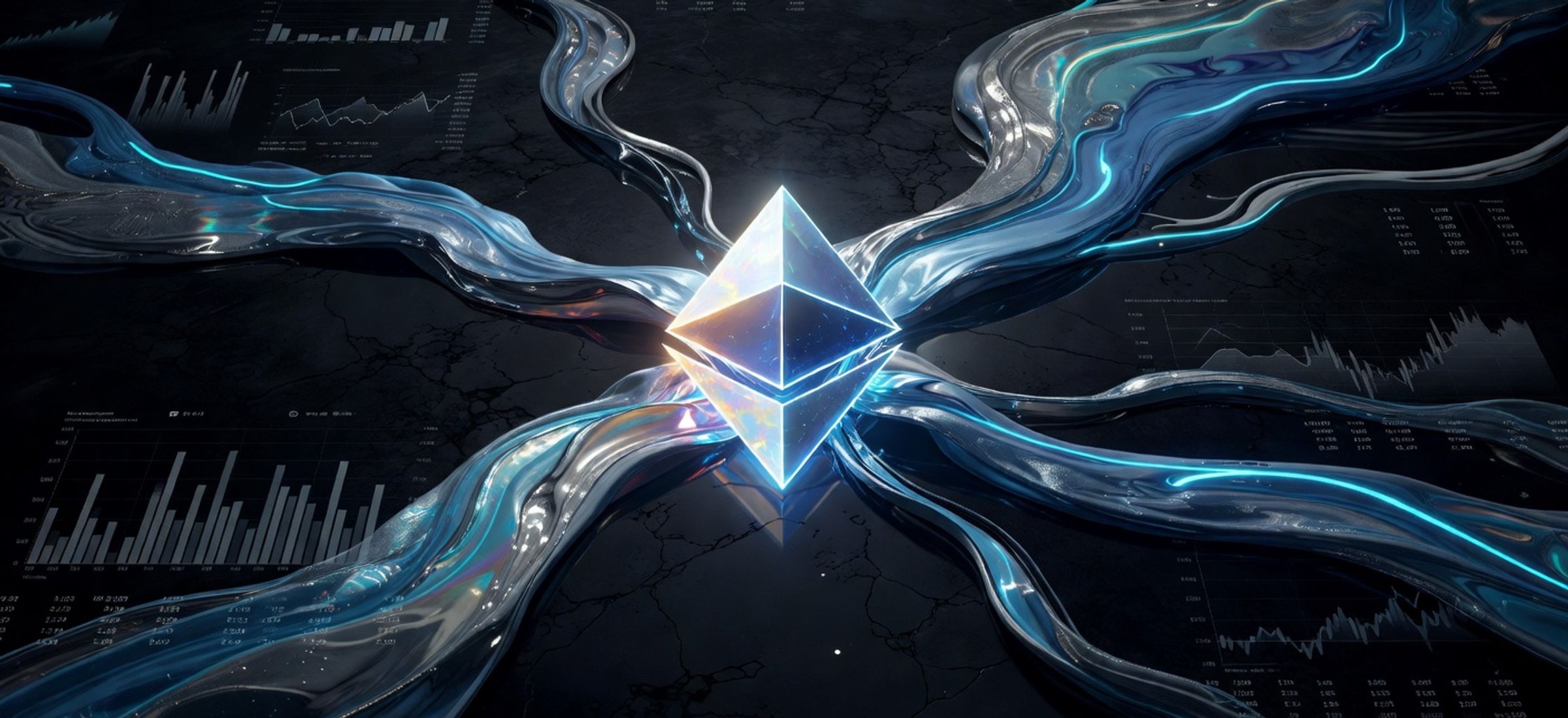 Abstract illustration of Ethereum ETF institutional capital flows with electric cyan accents on dark background