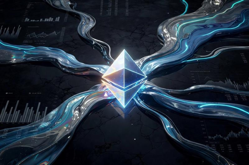 Abstract illustration of Ethereum ETF institutional capital flows with electric cyan accents on dark background