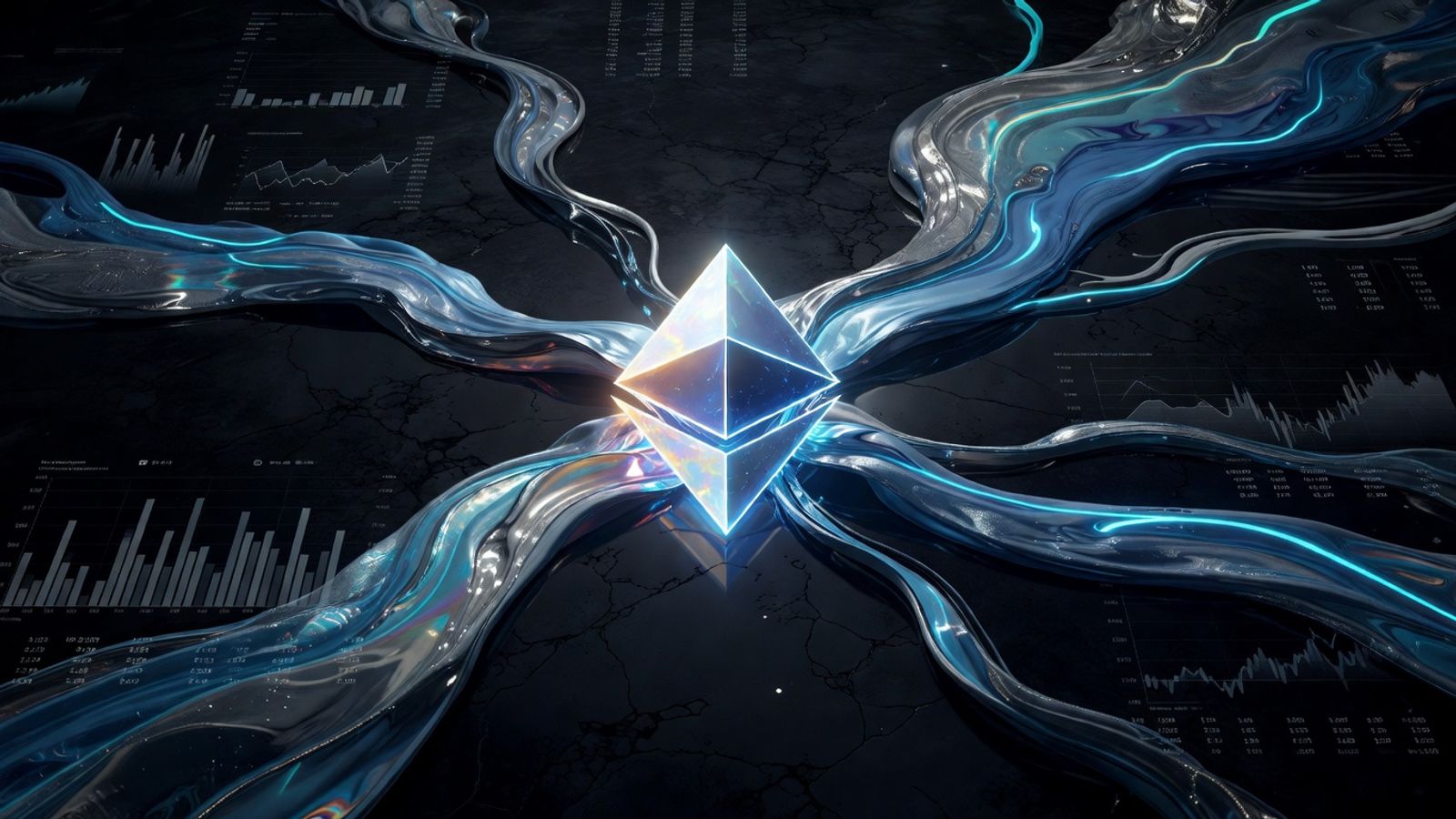 Abstract illustration of Ethereum ETF institutional capital flows with electric cyan accents on dark background
