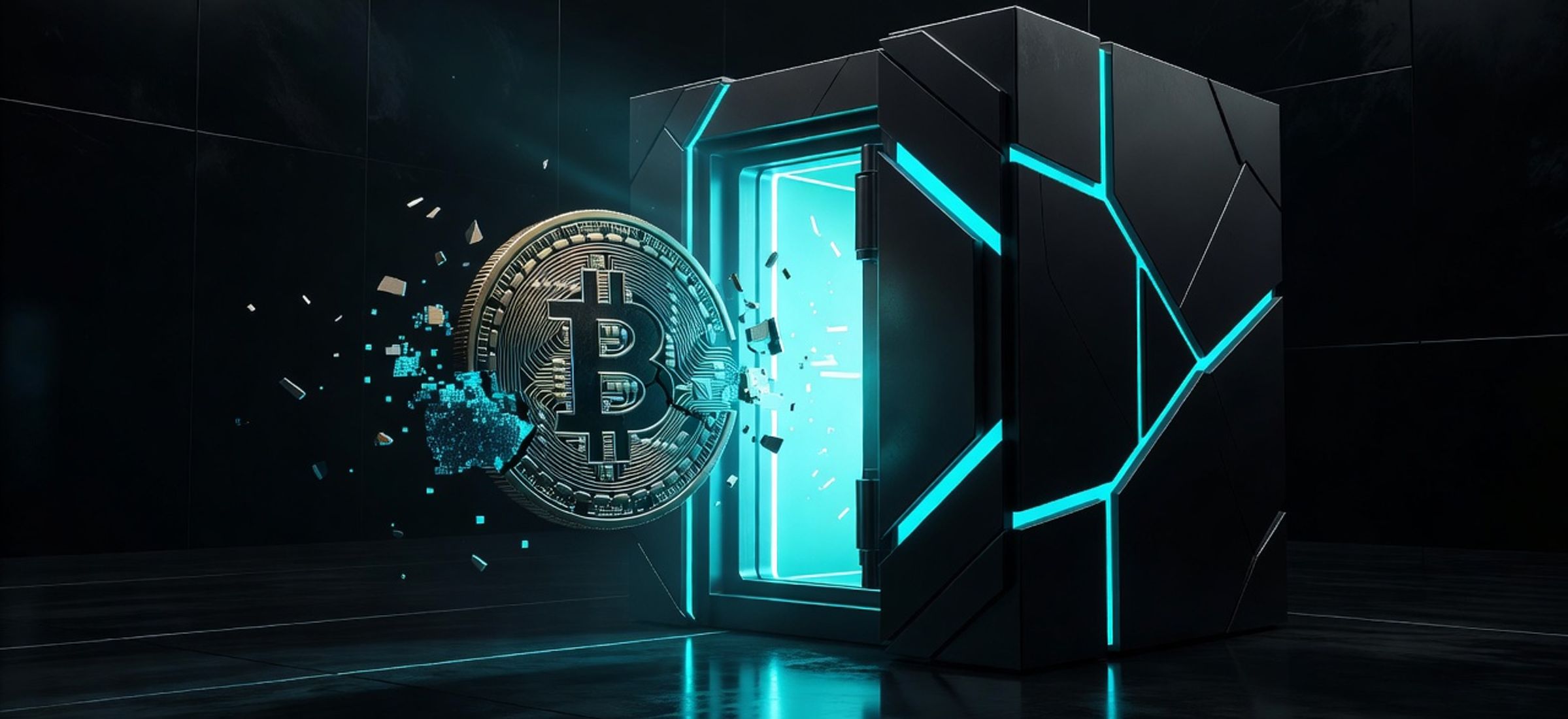 Abstract illustration of a bitcoin ETF fund dissolving into a dominant institutional vault with cyan neon glow