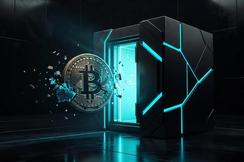 Abstract illustration of a bitcoin ETF fund dissolving into a dominant institutional vault with cyan neon glow